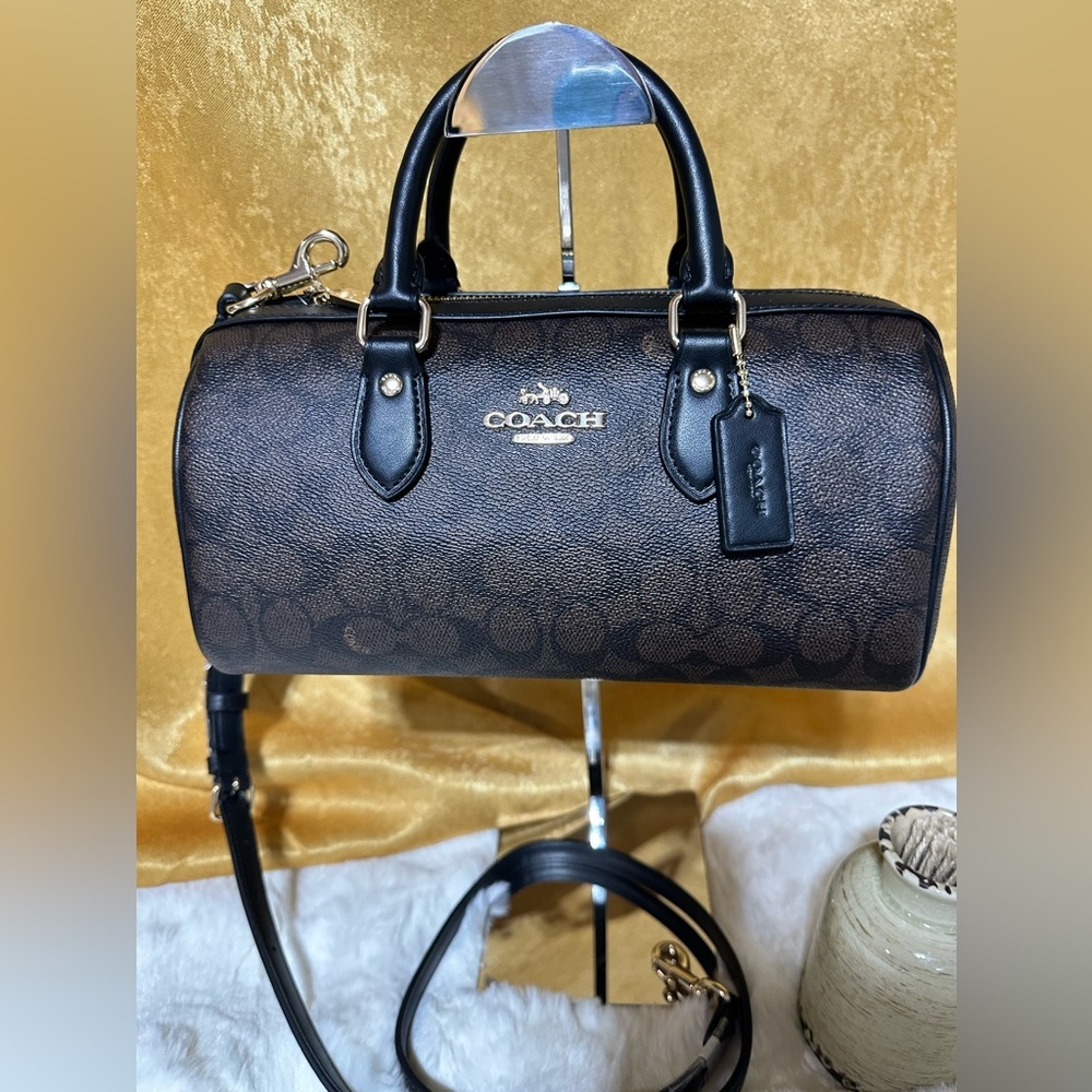 Coach Brown Signature Mini Barrel Satchel with Black Handles